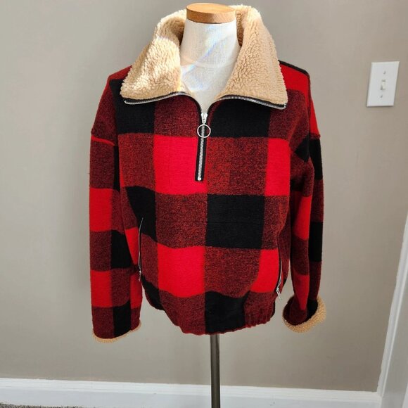 Altar'd State Pullover Checkered Buffalo Plaid Sherpa Trim Red Small - Picture 1 of 5